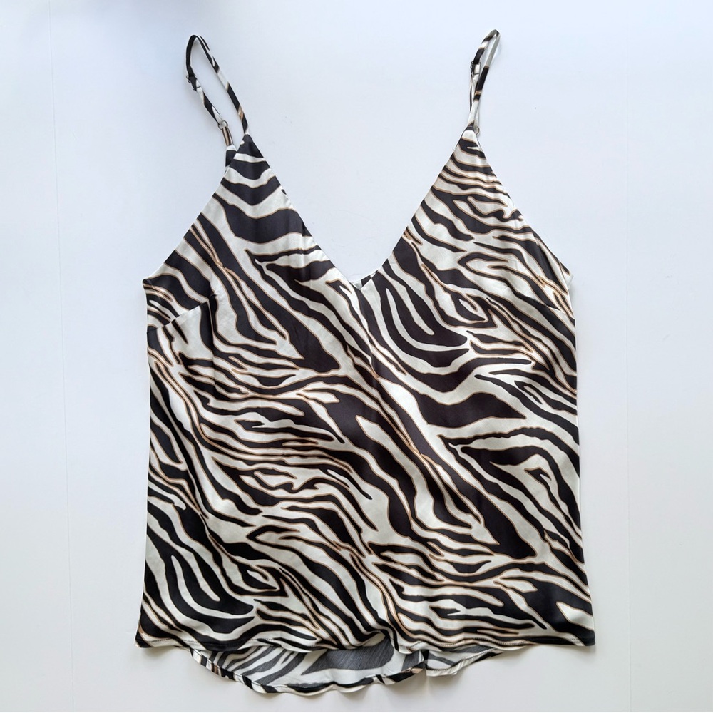 Chloe Kristyn Camille Zebra Print Double V Satin Cami Ivory Cream Brown Size XL